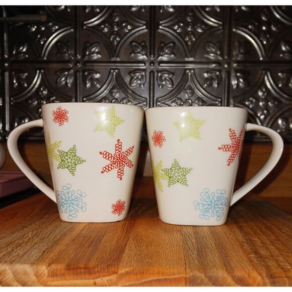 2005 Starbucks Holiday Cup Stars & Snowflakes Ceramic Christmas Coffee Tea 2PC - Picture 1 of 13